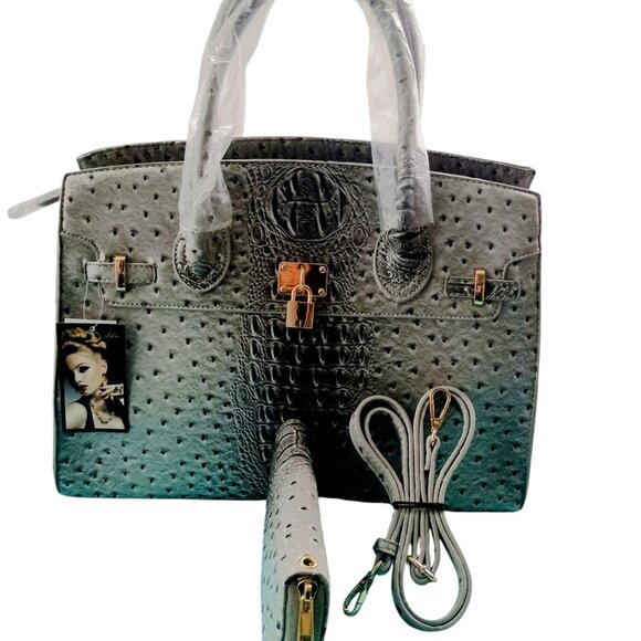 Luxury Vegan Leather Designer Ostrich Print Work Bag w Wallet - Picture 2 of 7